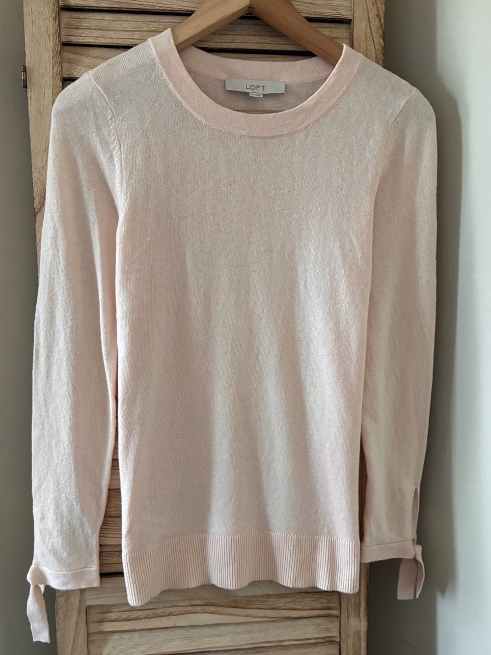 LOFT Womens Femme Pale Pink Crewneck Wool Blend Sweater Tie Cuff Detail XS
